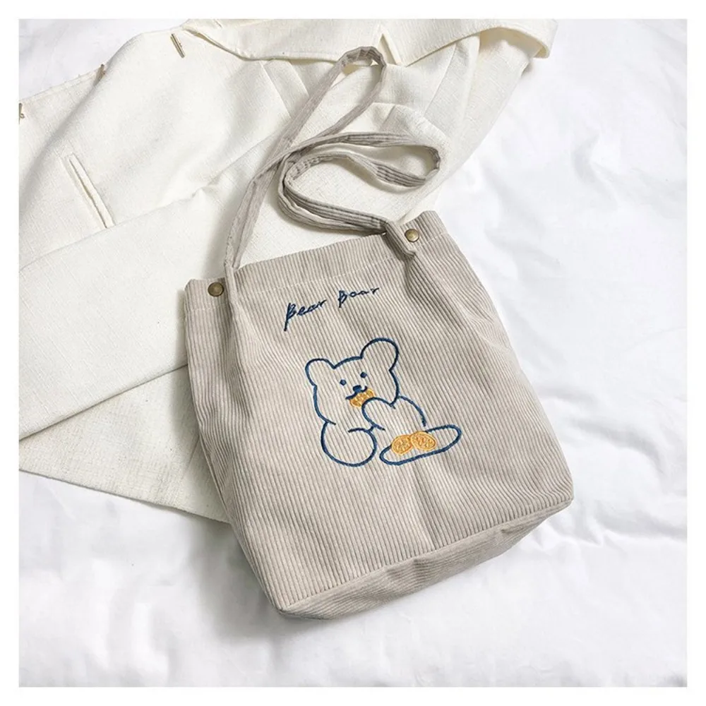 Large Capacity Velvet Women Corduroy Shoulder Bag Little Bear Zipper Little Bear Tote Bag Square Shape Cotton Shopping Bags