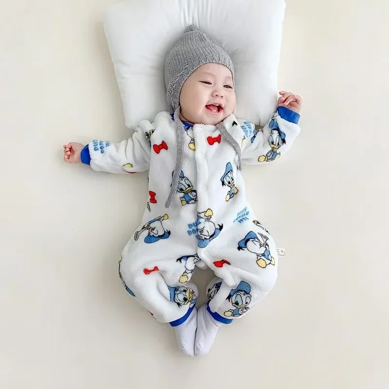 Autumn Winter Newborn Baby Boy Girl Rompers Cartoon Donald Bear Print Kids Keep Warm Flannel Pajamas Infant Jumpsuit Clothes