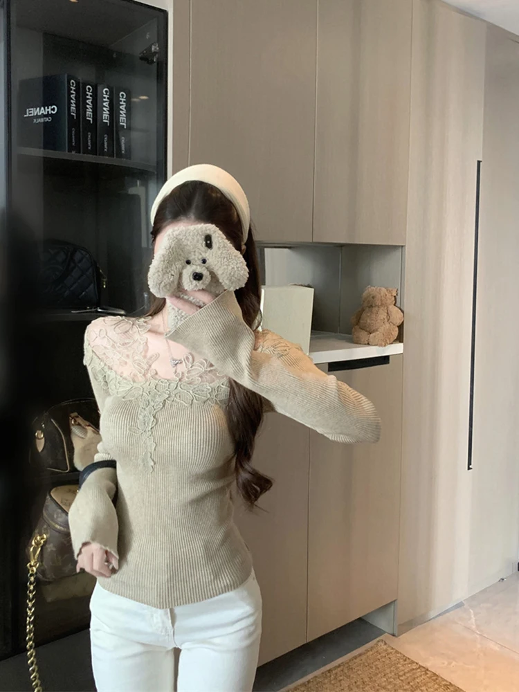 

Женский вязаный свитер Pure Desire с кружевными вставками и длинными рукавами, приталенный дизайн, весна 2026, новинка, базовый топ с V-образным вырезом, стандартная длина