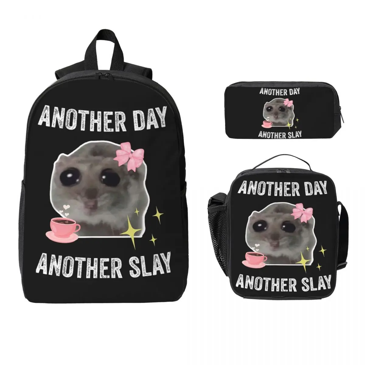 Sad Hamster Another Day Another Slay Backpack BookBag School Bag Laptop Shoulder Bags 3ps Insulated Lunch Bag Pencil Case