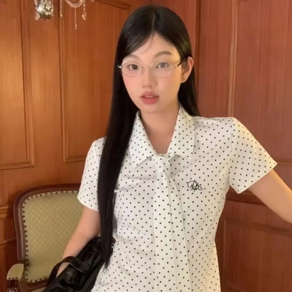 

Short Polka Dot Shirt Ruffle Korean Style Women Polka Dot Blouse Half Circle Design Stripes Long Sleeve Tops Girls Gift