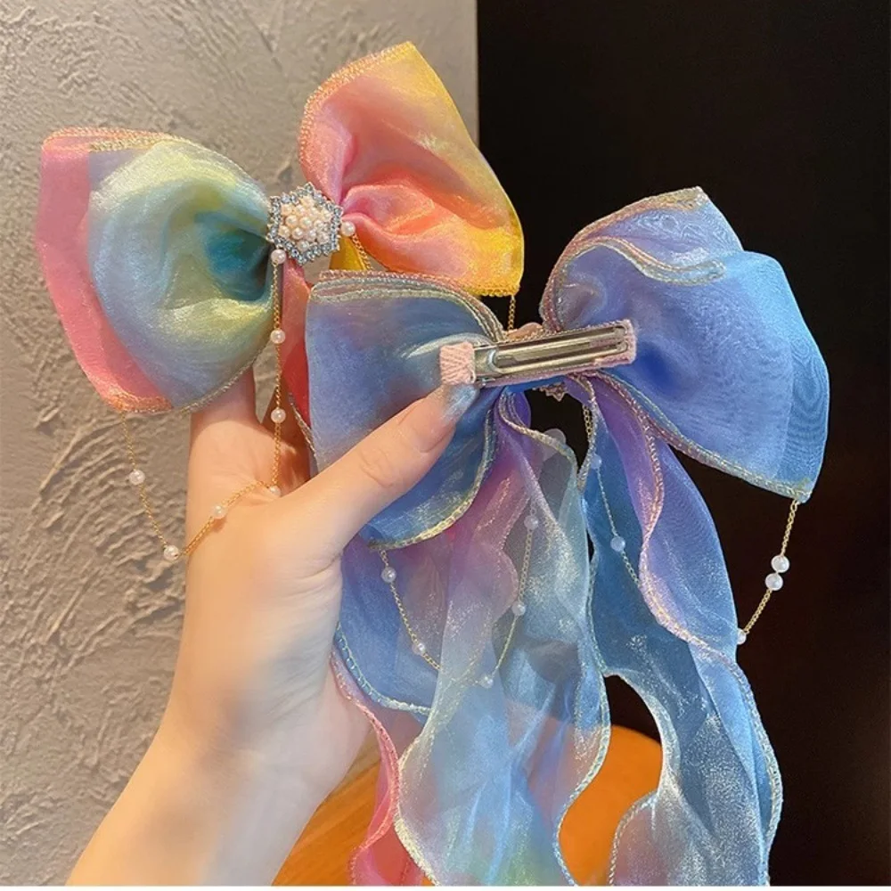 Baby Girls Elegant Hair Clips with Faux Pearl Tassel Cute Mesh Bow Ribbon for Party Performance Hair Accessories