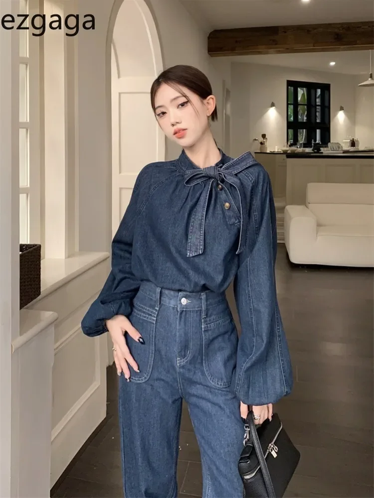 Ezgaga Denim Shirts Women Bow Bandage Puff Long Sleeve O Neck Button Vintage Fashion Ladies Blouse Elegant Tops Casual