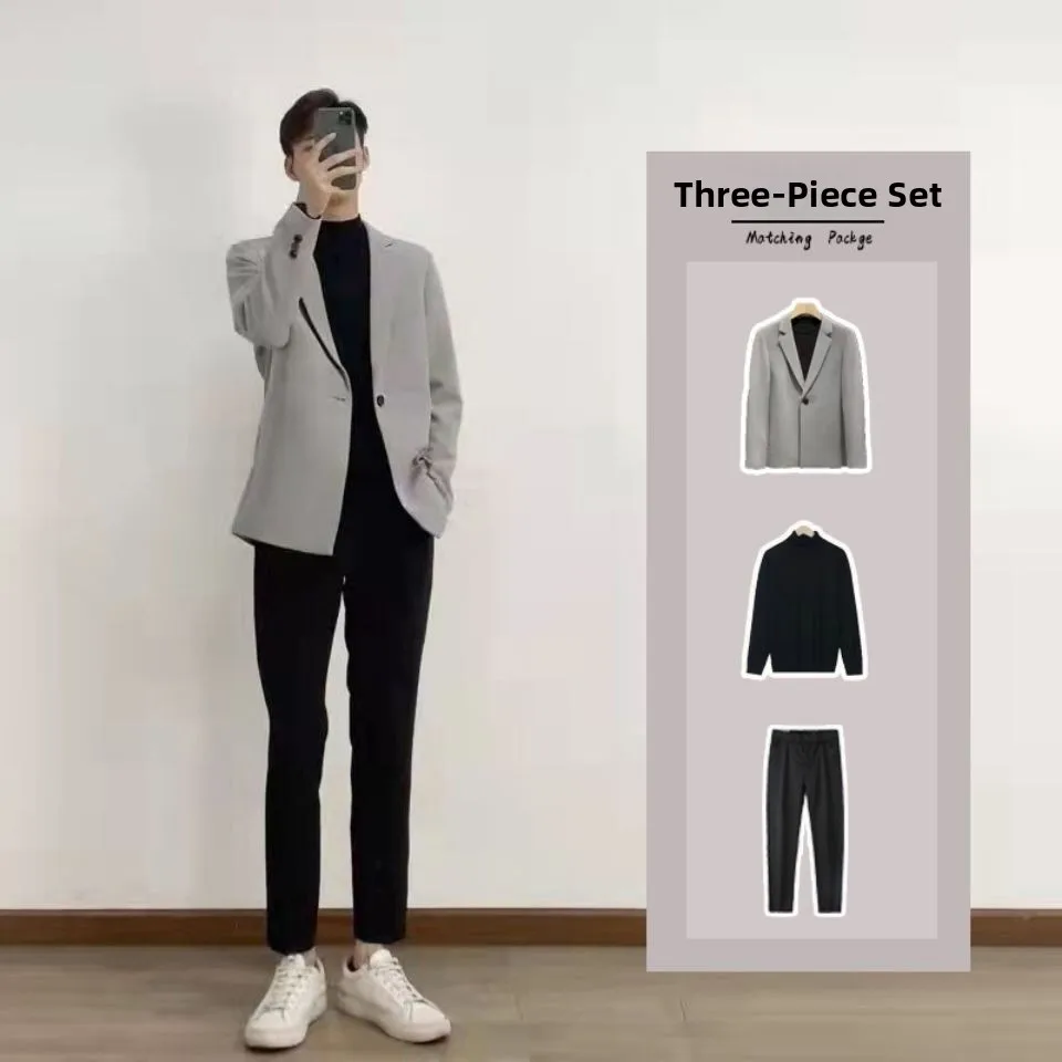 

Casual Loose Men's Suiting Set Trendy Preppy Sle Polyester Blend Stand Fit Autumn Wear Spring Flat Collar Multi-B...