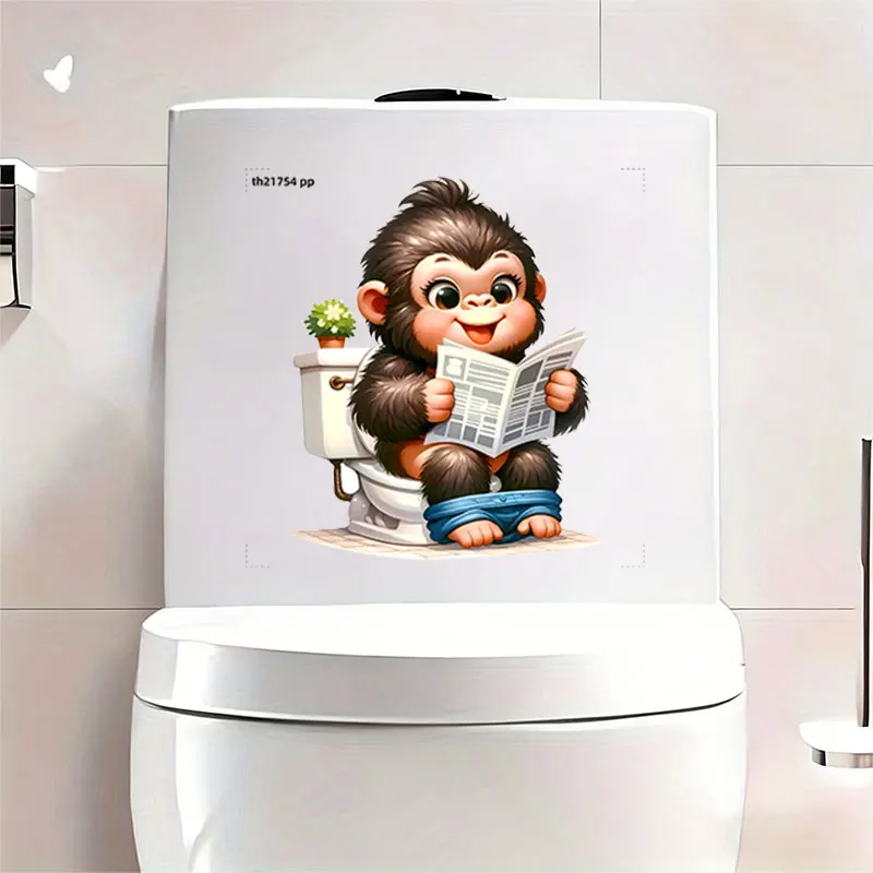 1Pc Fun Toilet Wall Sticker, Playful Orangutan Sitting on Toilet Reading Newspaper Design, 2D Flat Printing Self-Adhesive Decorative Sticker, Suitable for Toilet Lid, Bathroom Glass, Washbasin, Refrigerator, Wardrobe Door, and Wall Decals, Fun and Attractive Stickers That Create a Lively Bathroom Atmosphere, a Fun and Heartwarming Gift for Family, Friends, and Colleagues