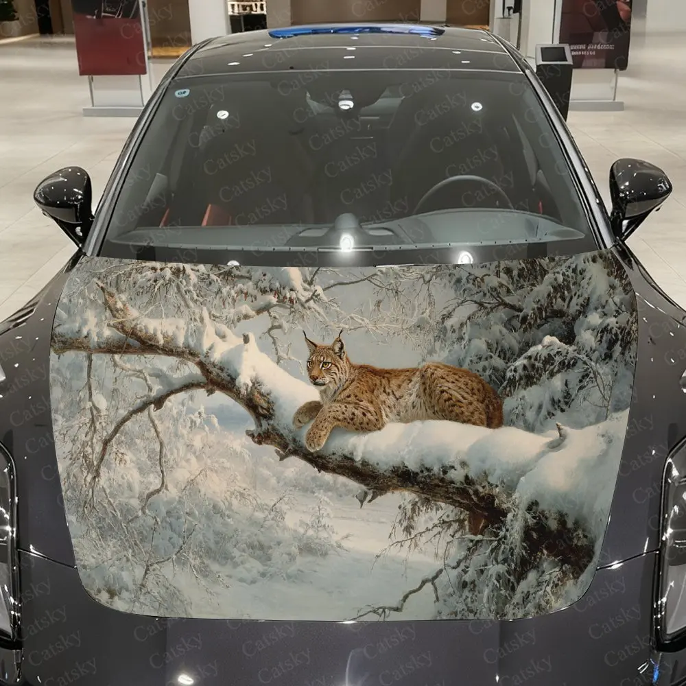 

Snowy Branch Wild Lynx Car Vinyl Wrap, PVC Material Waterproof Car Hood Sticker, Self-Adhesive Scratch-Resistant Stickers for En