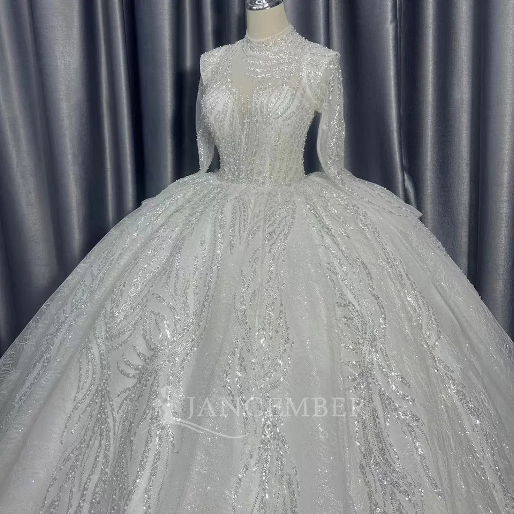 하이넥 프린트 웨딩드레스 클래식 볼 가운 플로어 길이 오간자 프린세스 볼 가운 맞춤 제작 웨딩드레스