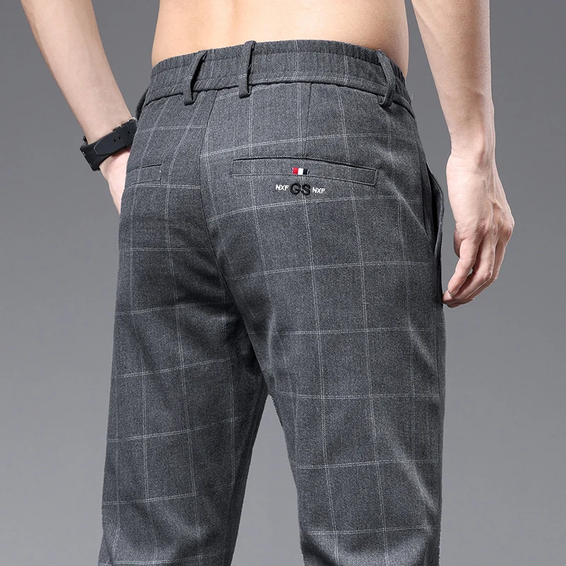 Clothing 2024 Spring Summer Plaid Work Stretch Pants Men Business Fashion Slim Grey Blue Party Casual Pant Trousers Male