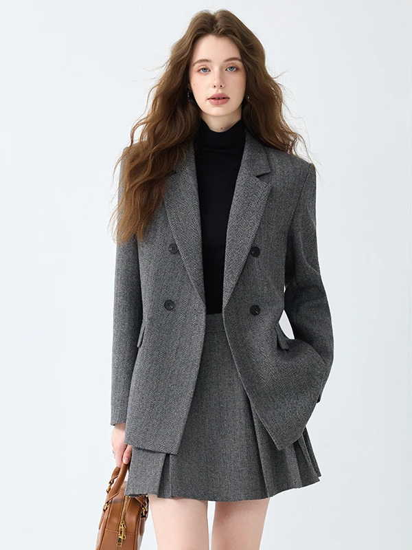 Gray Woolen Suit Jacket Women's Casual Style Loose Fit Autumn Winter New Arrival High End Fashion College Windbreaker Set