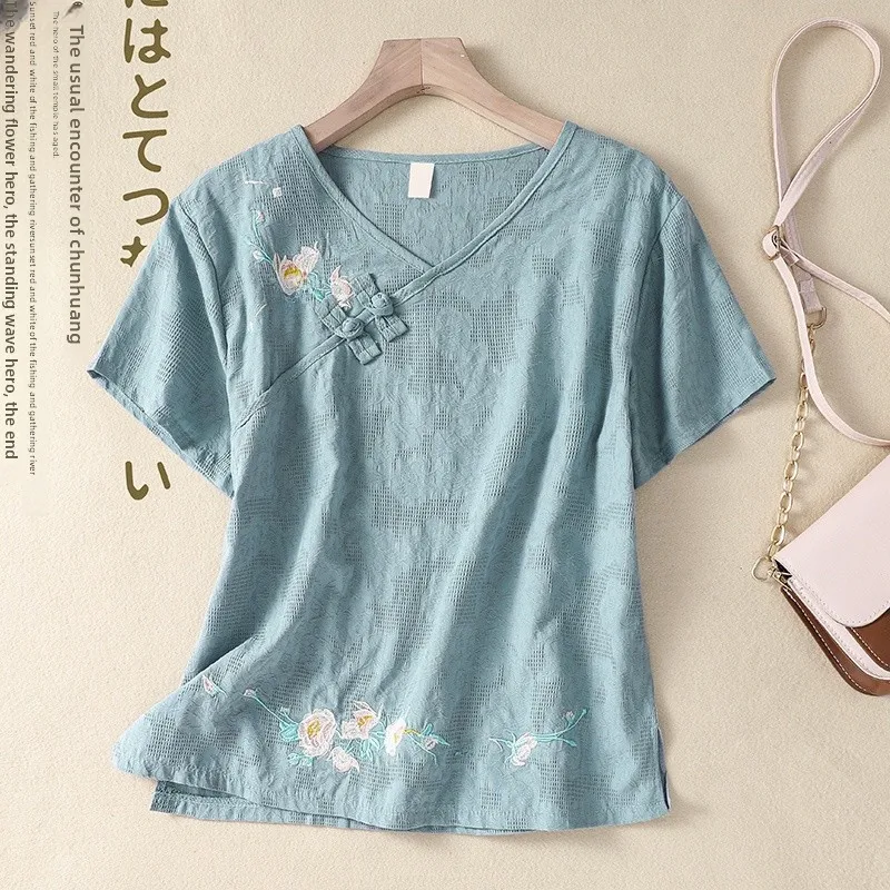

Женская футболка свободного кроя с вышивкой из хлопка и льна в стиле ретро, дышащий моющийся летний топ