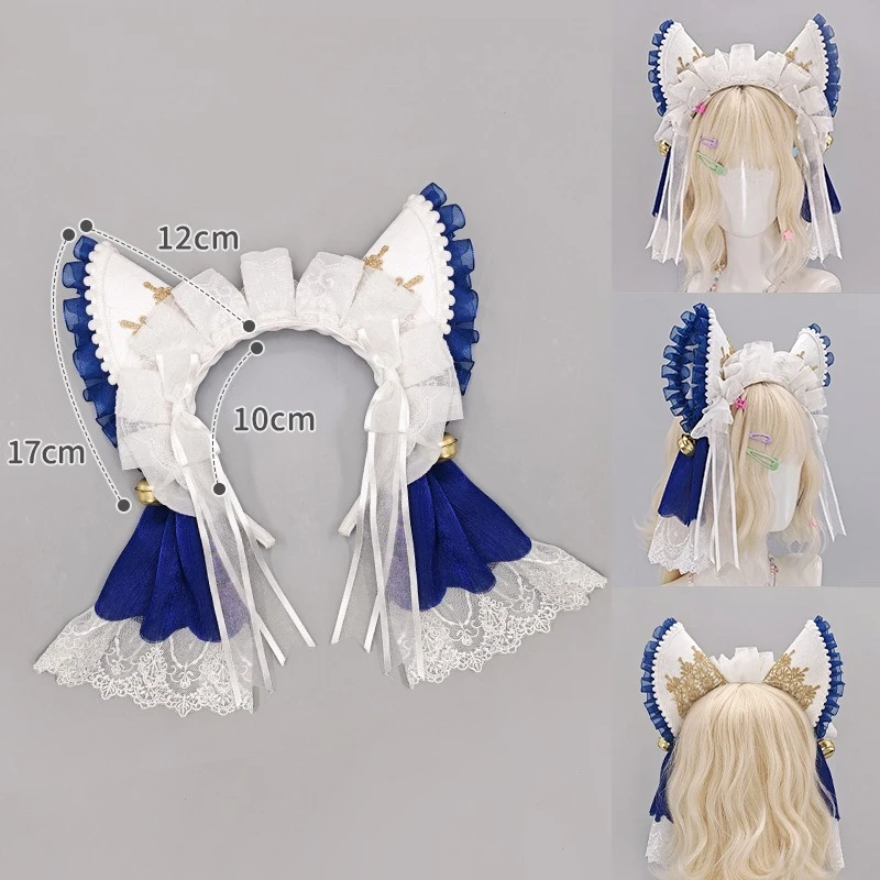 Lace Cat Ears Headband with Ruffles & Ribbons, Cute Lolita Cosplay Hair Accessory for Anime Conventions & Parties