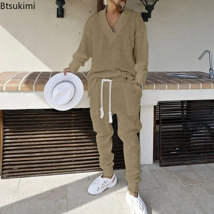 2024 Spring Men's Knitted 2 PCS Sets Fashion V-Neck Long Sleeve Tops and Pants Loose Casual Suits Male Streetwear Autumn Outfits