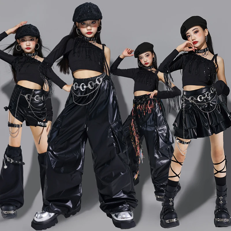 

2025 Girls Jazz Dance Costume Kid Black Dance Outfit For Stage Show Crop Top Shuffle Pants Fashion Kpop Performance Wear AMY2768