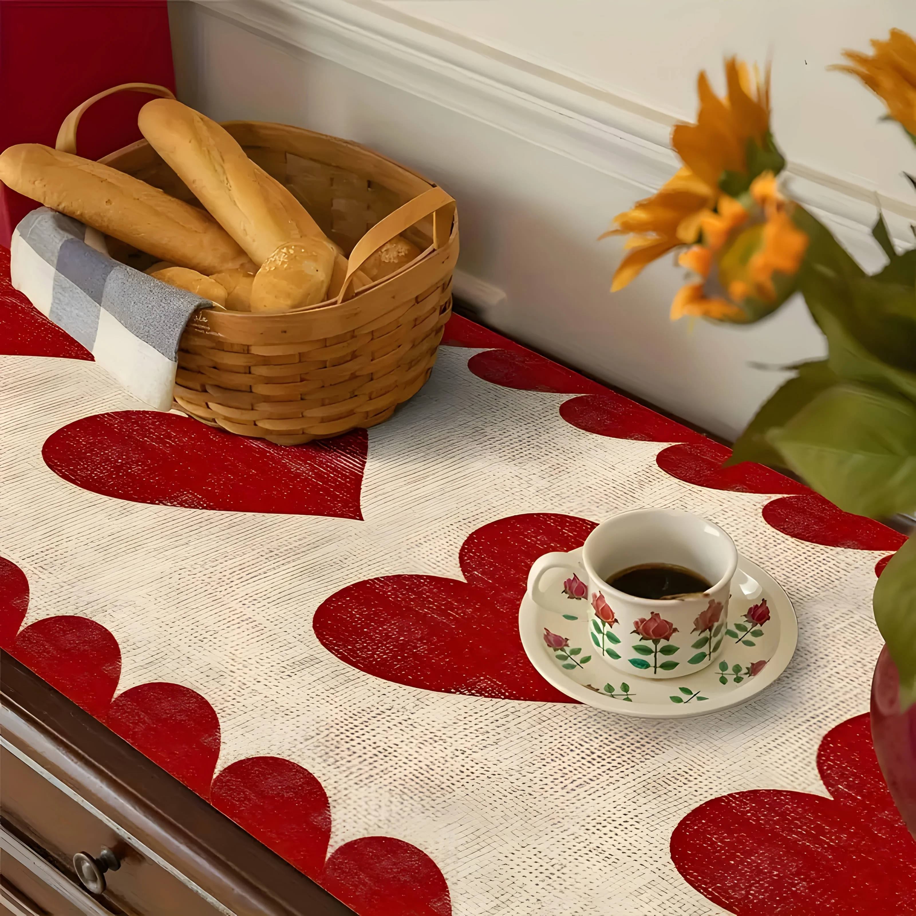 1pc Heart Stripe Print Table Runner, Modern Geometric Red & White Design, for Swiss National Day, Valentine's Day, Mother's Day,