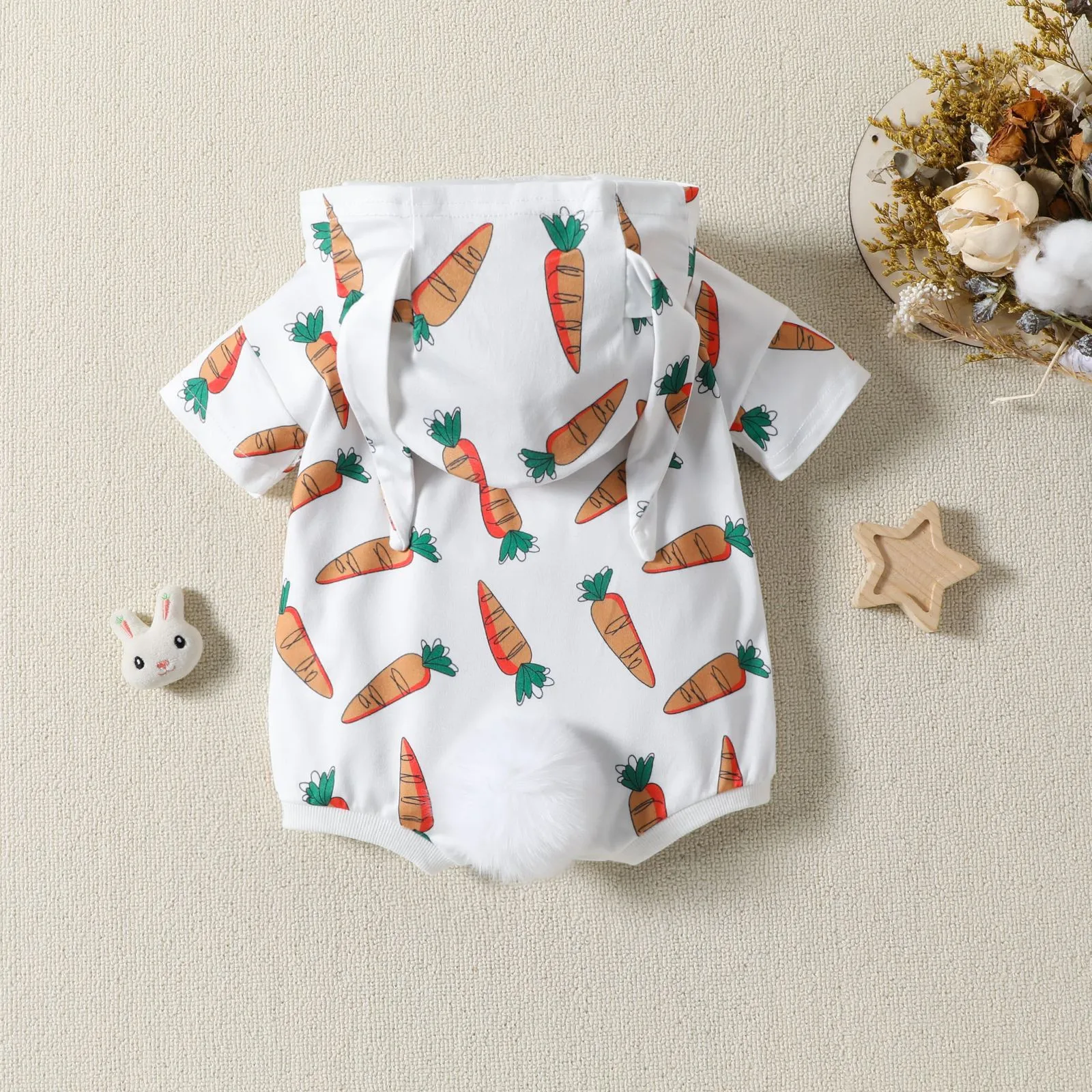 Newborn Baby Boy Girl Easter Romper Carrot Print Rabbit Ears Hooded Jumpsuit Short Sleeve Sweatshirt Cute Bunny T-Shirt Bodysuit