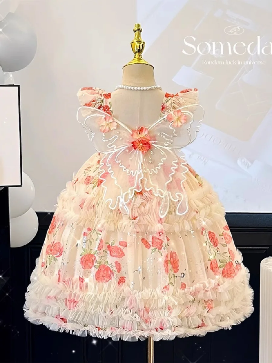 Girls Floral Princess Dress Summer New Pink Sleeveless Cake Dress Girl Birthday Gift Butterfly Wings Skirt Fashion Gown Dress