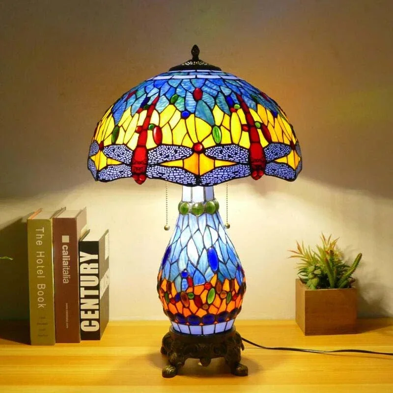 Dragonfly Table Light Bed Lamp Room Decor Tiffany Stained Glass Luminaria Home Bedroom Bedside Night Stand Desk Lighting Fixture