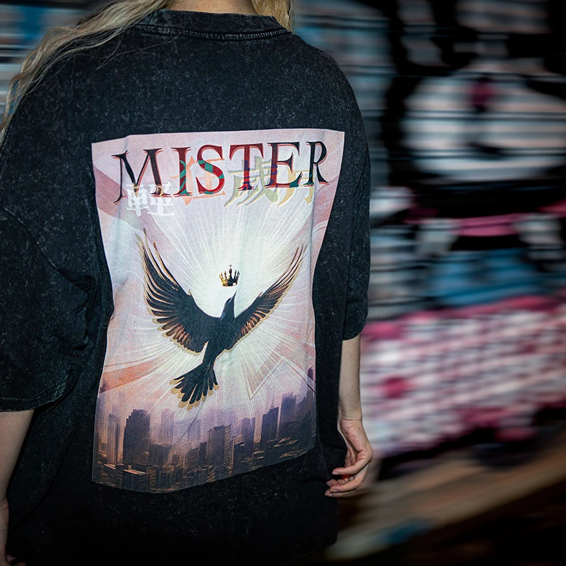 HOPE2025 Summer New MISTER Washed and Old Pure Cotton Flying Bird City Soaring Men's and Women's Same Short-sleeved T-shirt