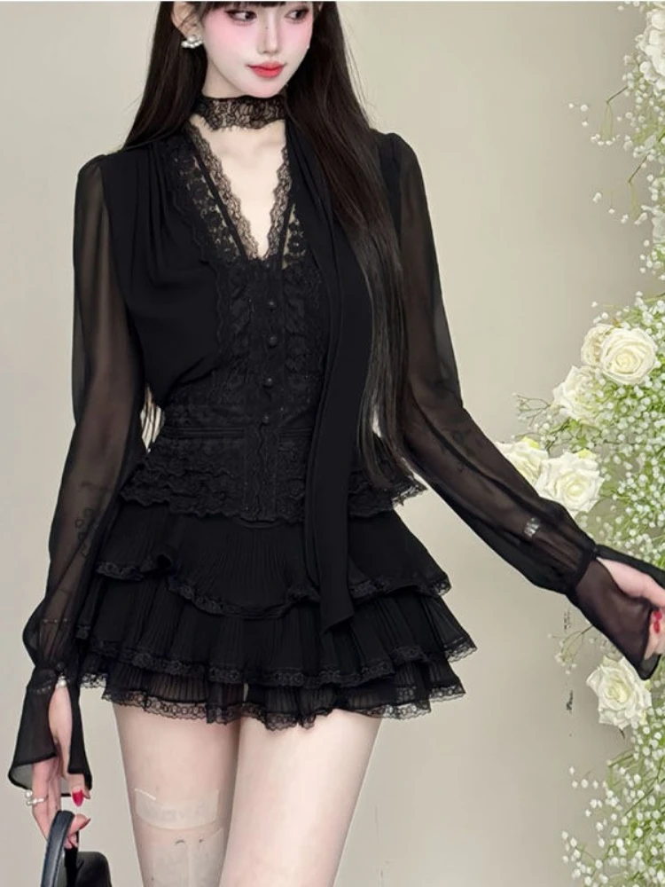 قطعتين مجموعات ملابس نسائية الخامس الرقبة الدانتيل المرقعة سليم قمصان مناسبة عالية الخصر تنورة صغيرة دعوى Roupas فام موضة الصيف مجموعة