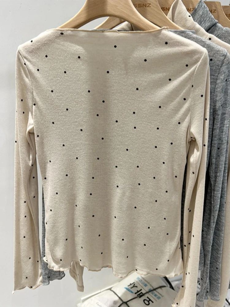 2026 Summer Thin Layered Base Shirt Casual All Match Top Women's T Shirt Apricot Polka Dot One Shoulder Long Sleeve Tee