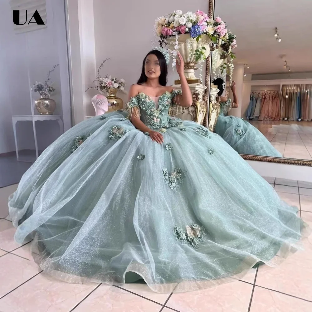 

ULBYANRY Customized Mesh A-line Strapless Sweet 15 Dress Romantic 3D Flower Quinceanera Dress Princess Style Lace-up Prom Dress