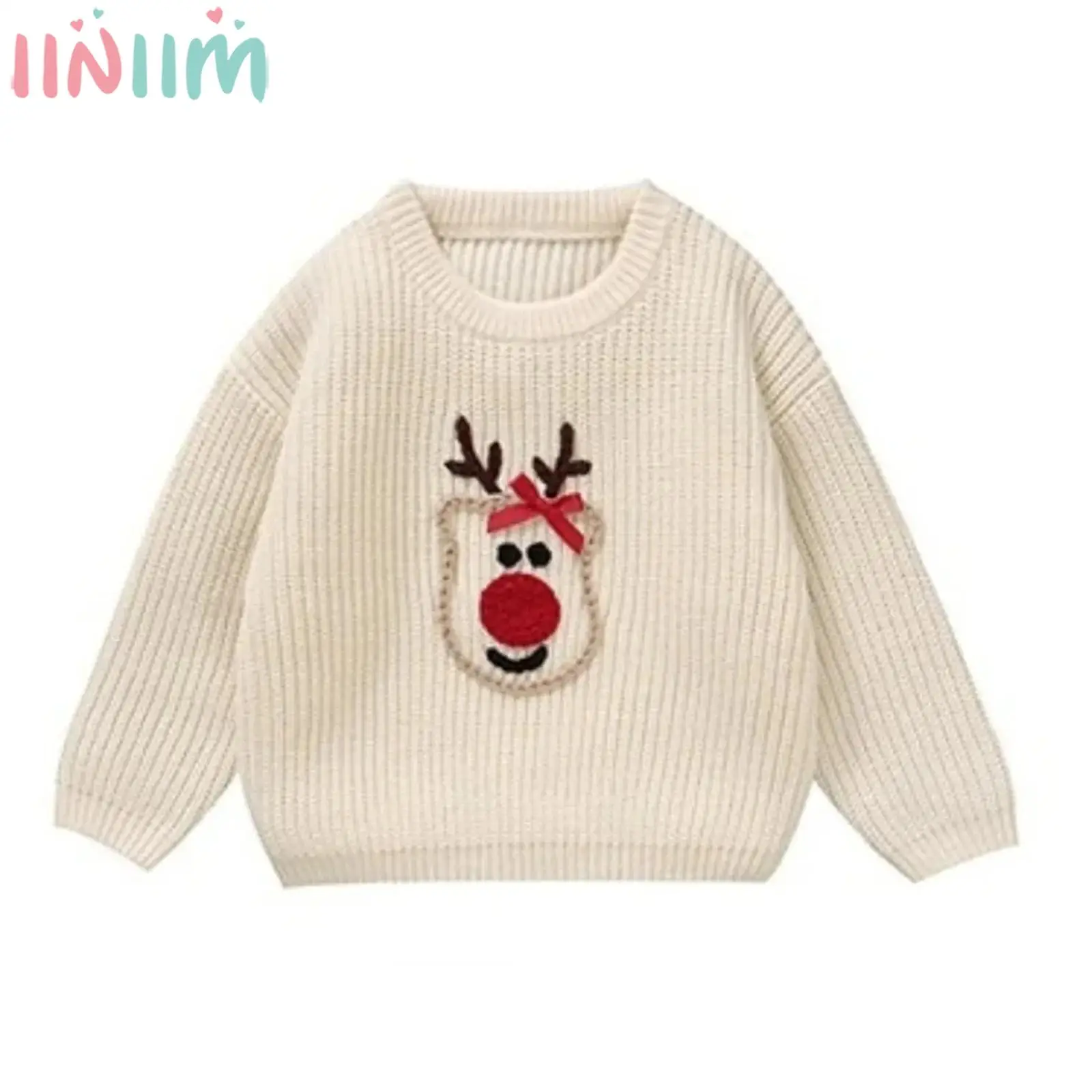 

Toddler Boy Girl Christmas Knitted Sweater Long Sleeve Cute Elk Embroidery Crew Neck Xmas Pullover Top Winter Warm Sweatshirt