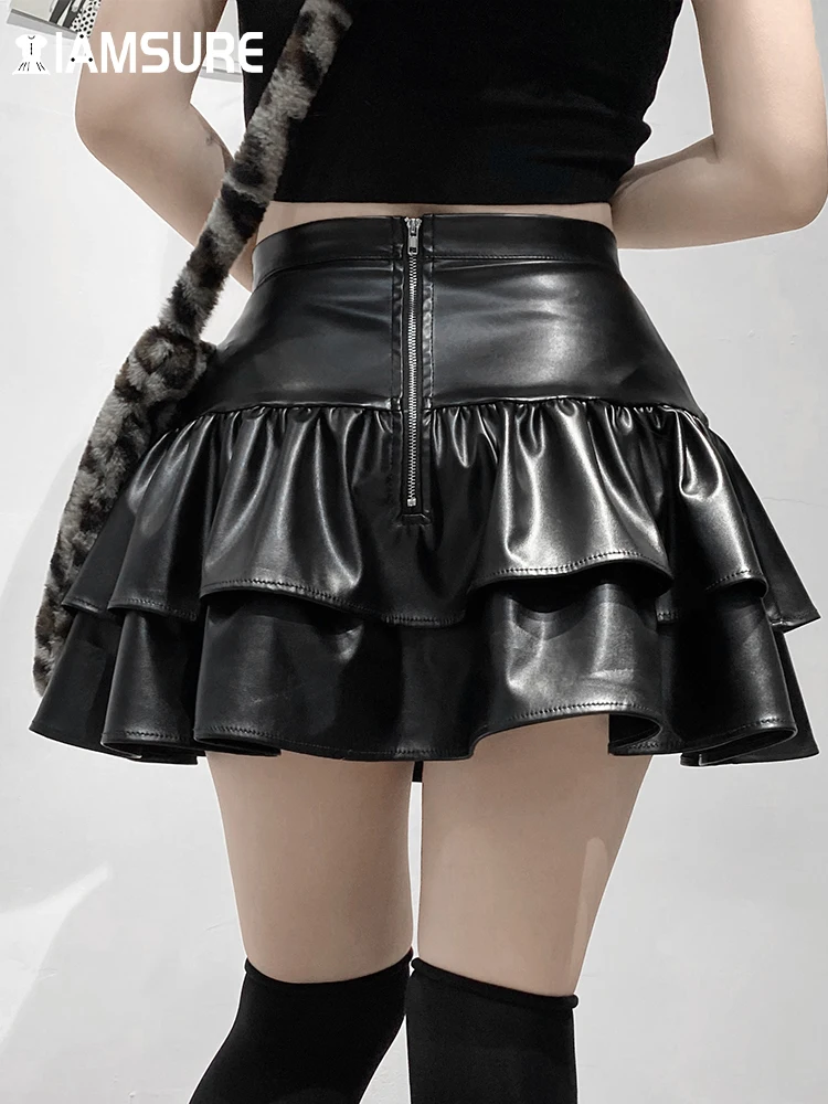 IAMSURE Gothic Bandage Pu Pleated Skirt Darl Black Leather High Waisted Mini Skirts Women 2021 Fashion Preppy Style Streetwear