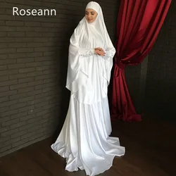 Exquisitos vestidos de novia musulmanes de línea A, cuello alto, plisado completo, satén, largo hasta el suelo, tren de cepillo