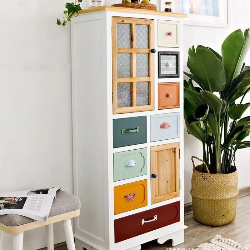 American rural solid wood dining side chest wine cabinet Nordic living room high cabinet