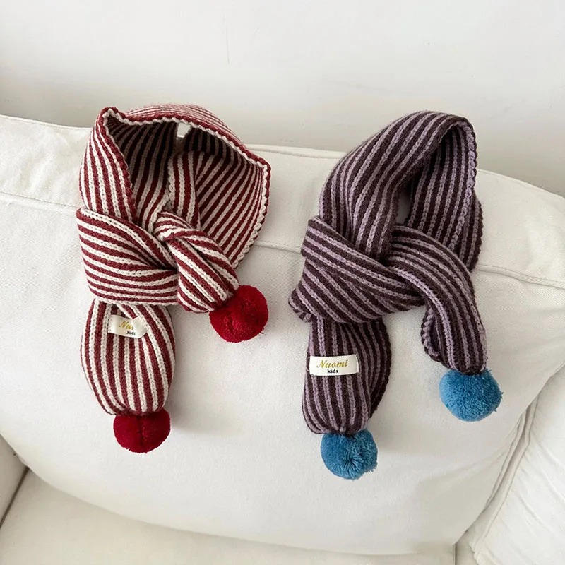 MILANCEL Neue Winter Kinder Schal Nette Vertikale Streifen Baby Jungen Warme Schal Pelz Ball Dekoration Kinder Mädchen Zubehör – Detail 4