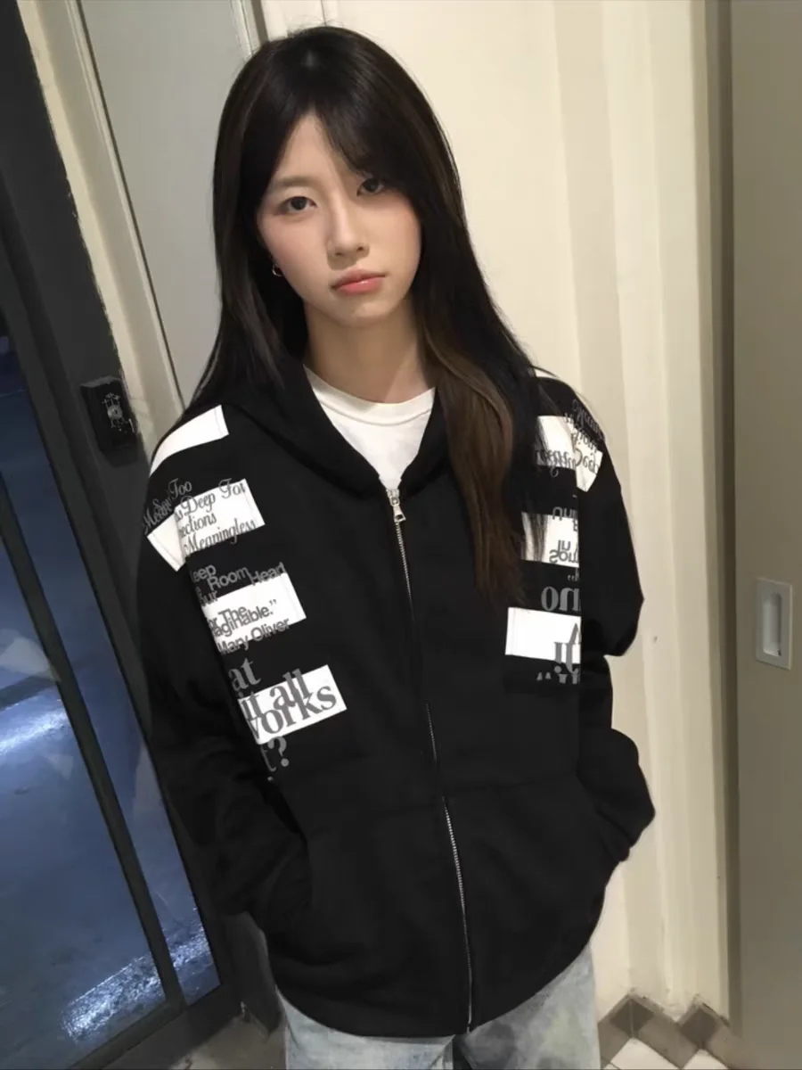 

Retro American Cleanfit Hooded Open Cardigan Sweatirt ex Spring Autumn Loose Casual Versatile Couple Print Jaet