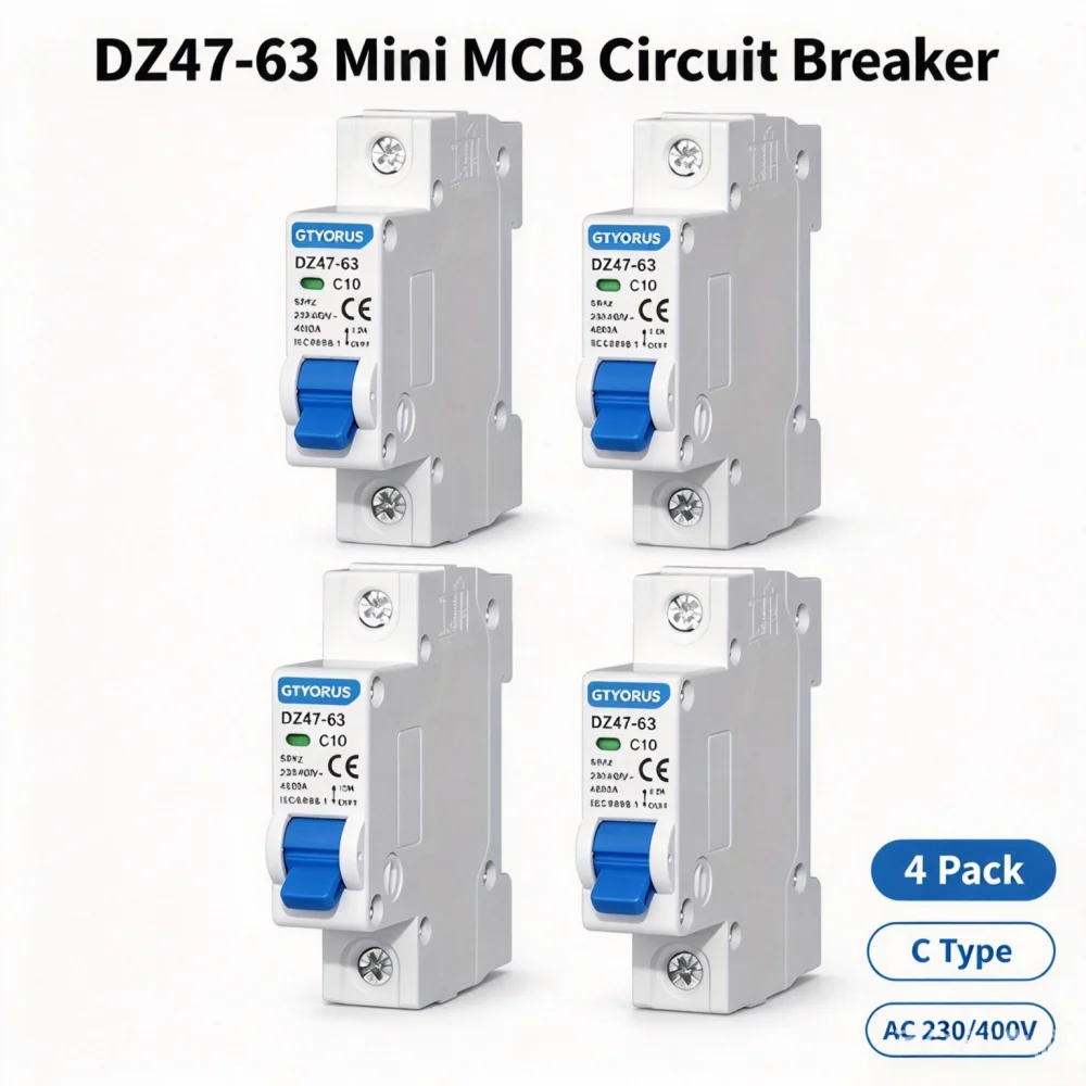 4-Pack DZ47-63 Mini MCB Circuit Breaker, C Type 10A 50A 63A, AC 230/400V Household Air Switch for Home Office Commercial Power Distribution