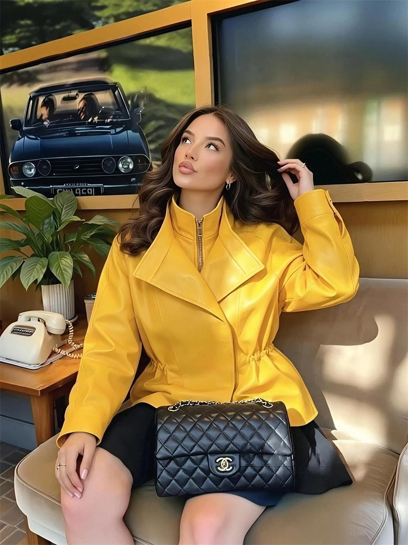 Guobioziy Women's Collar Leather Jacket 2026 Spring-Autumn Edition Euro-American Casual Fashion Light Luxury Classic High Street