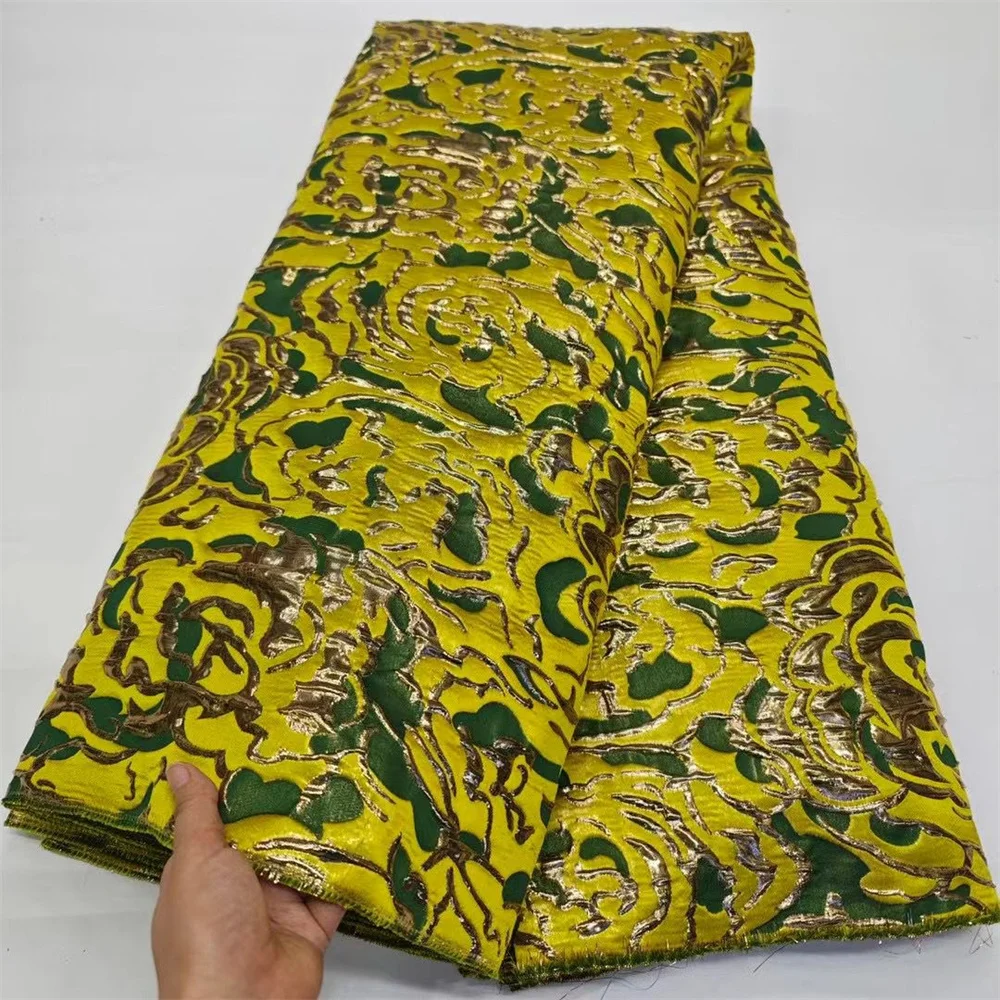 

Yellow African Brocade Jacquard Luxury Fabric Nigerian Floral Damask Gilding Lace Material Brocard Tissu 5Yard For Dress DB1