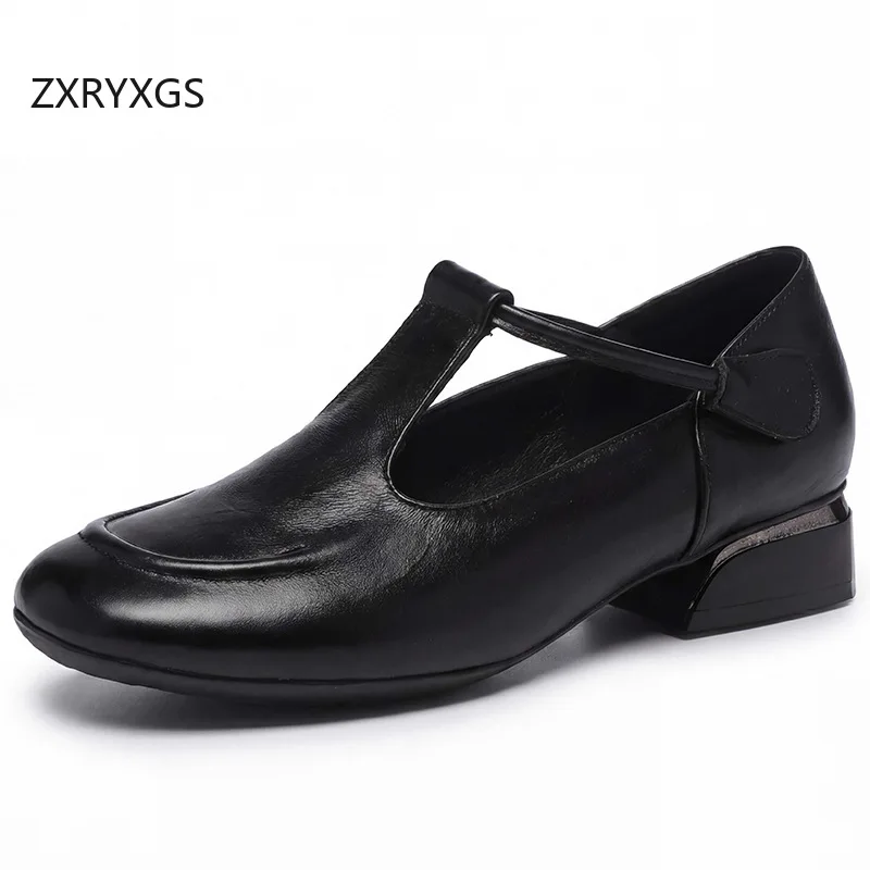ZXRYXGS 2026 Premium Cowhide Round Toe Women Genuine Leather Shoes Comfortable Elegance Thick Mid Heels Fashion Banquet Shoes