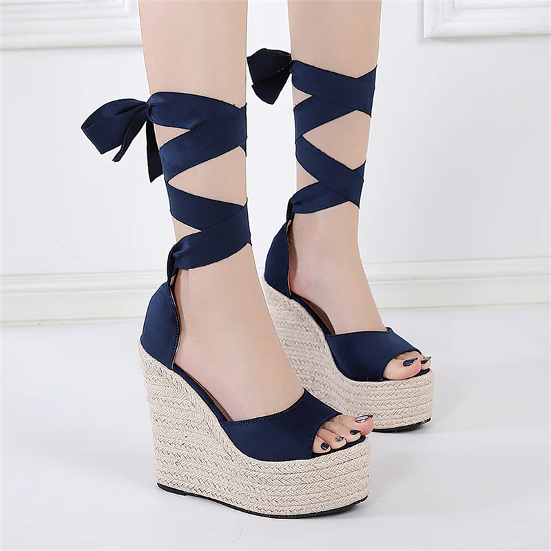 Espadrille Platform Wedge Sandals for Women Cross Band Dressy Lace-up Straw Shoe Open Toe High Heel Sandals Summer Beach Shoes