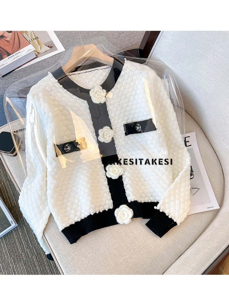 2022 High-end Loose Cropped Cardigan Sweater Rose Flower Beaded  Jacket Women Autumn and Winter  Short Knitted Coat Top Y2k