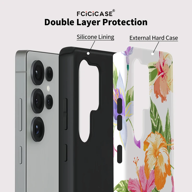 Fcicicase طبقة مزدوجة PC حافظة هاتف من البولي يوريثان لهاتف سامسونج جالاكسي A26 A56 A16 A36 S20 FE S24 Plus S25 Ultra S23 غطاء نمط زهرة