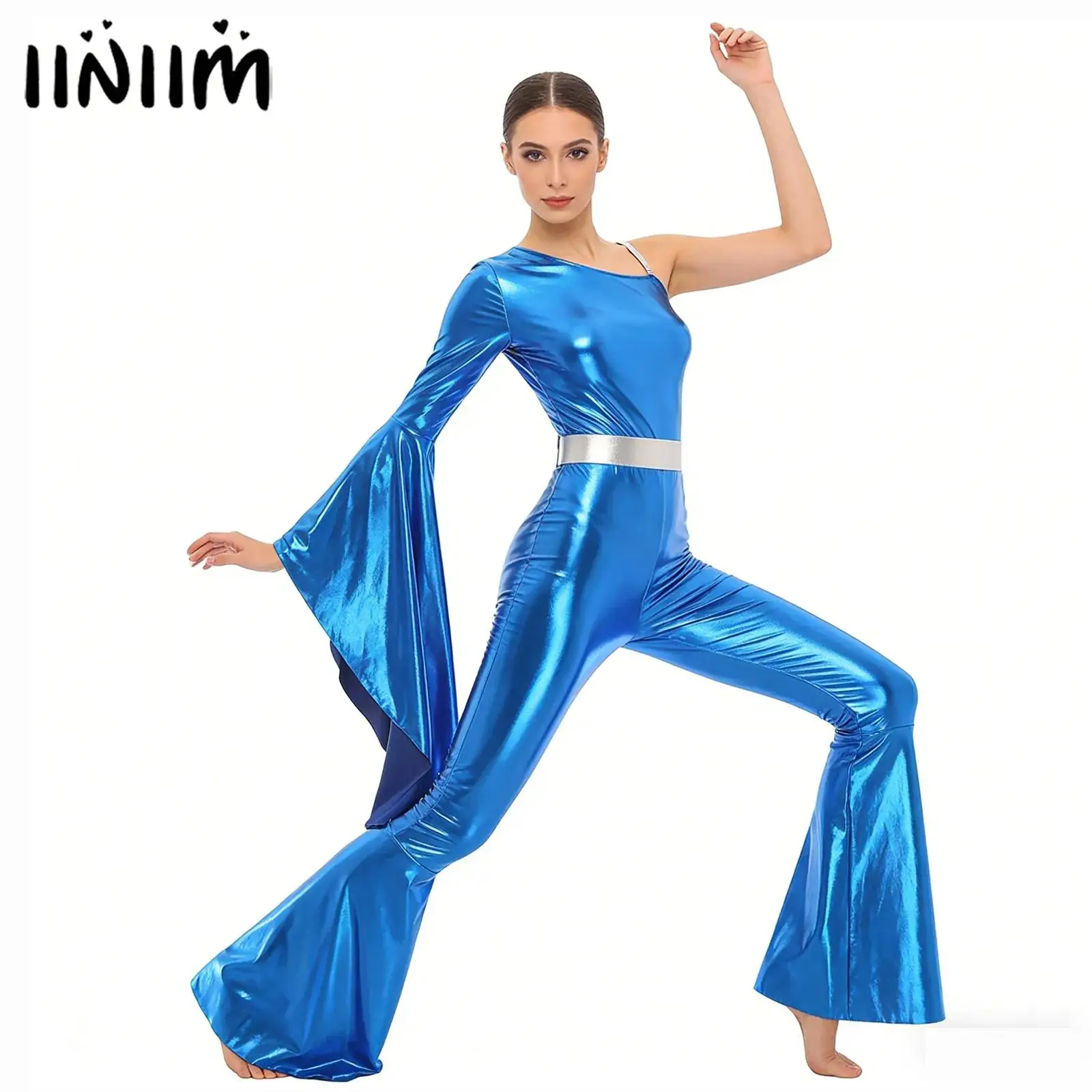 

Women Shiny Disco Jumpsuit Bell Bottom Jazz Dance Outfit Performance Costume One Shoulder Single Bodysuit Flared Bell Bottoms