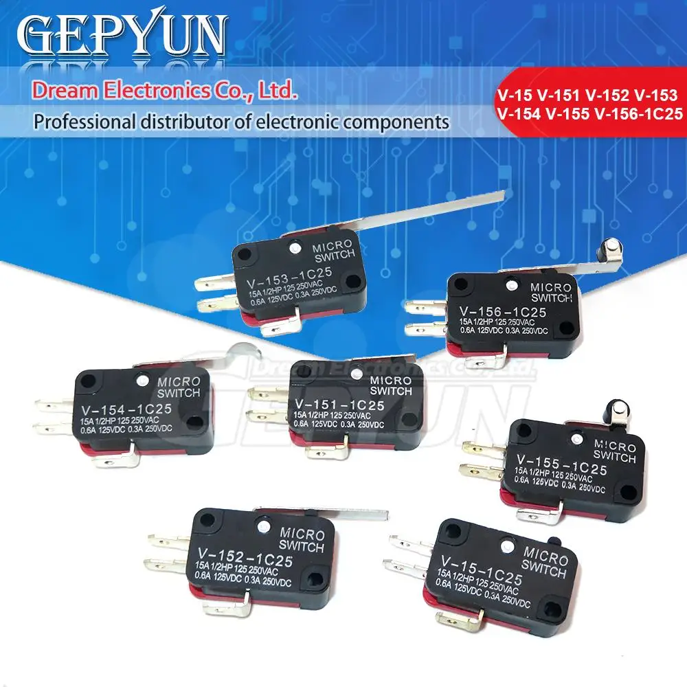 5pcs Micro SPDT On Off Momentary Switch Travel Limit Switch 1NO1NC Roller Lever V-15 V-151 V-152 V-153 V-154 V-155 V-156-1C25