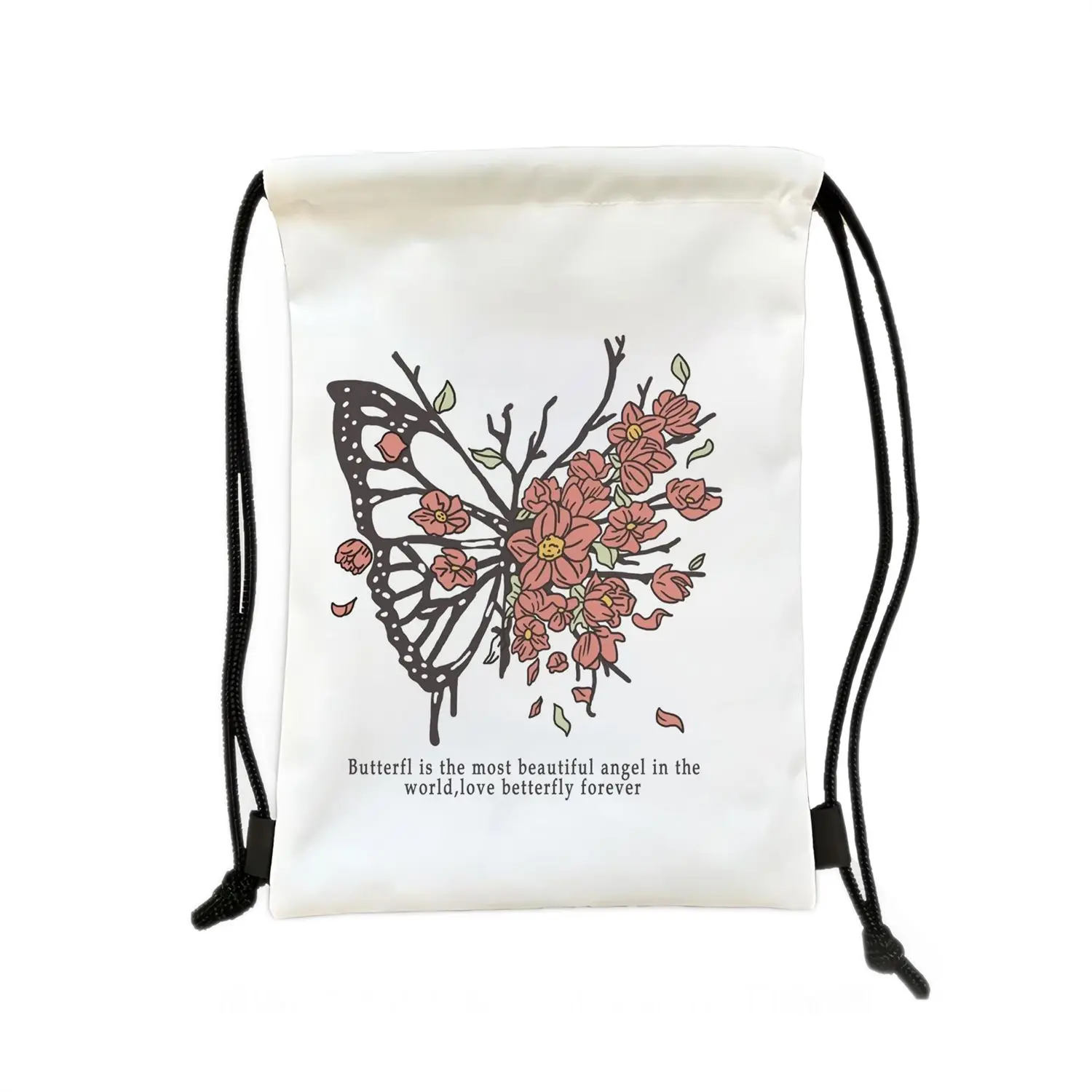 Aesthetic Butterfly Flower Print Drawstring Bag, Gothic Style Cinch Backpack, Lightweight Waterproof Gym Bag Cute Gift