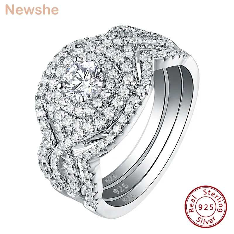 Newshe Original 925 Silver Wedding Rings Set for Women Halo Engagement Round CZ Diamond Luxury Jewelry Dating Ring Dropshipping