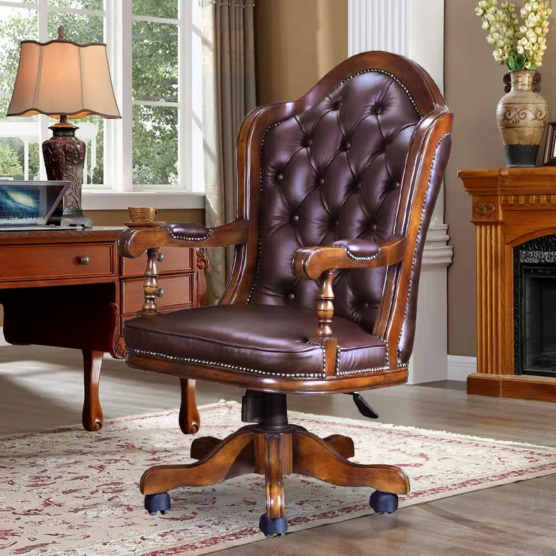 

American solid wood book chair simple rotatable lifting European retro leather computer chair European study boss chair