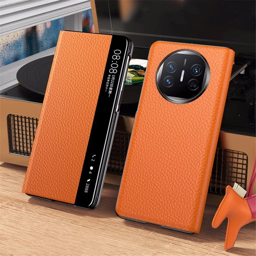 Genuine Cowhide Leather Litchi Flip Case for Huawei Mate X6 X5 X3 Magnetic Business Full Cover