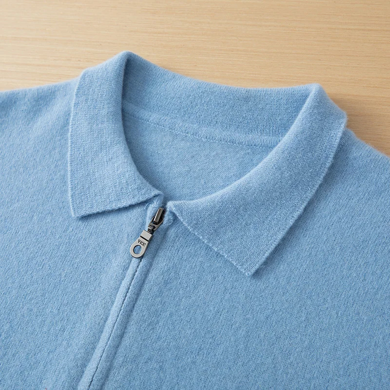 Men's 100% Merino Wool Half Zip Polo Collar Short Sleeve Knitted T-Shirt Casual Business Vest Lapel Pullover for Autumn/Winter