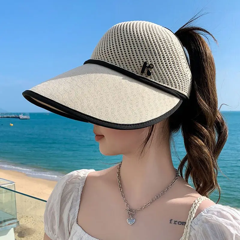 Summer Uv Protection Sun Hat 100 Percent Cotton Knitted Empty Top Ponytail Friendly Wide Brim Rollable Portable Outdoor Beach 2
