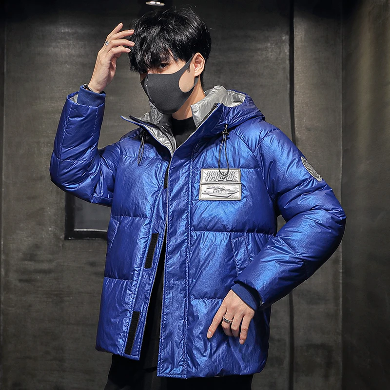 

Winter Pop Shiny Hooded White Duck Down Jacket Men's Thick Warm Top Outwear Casual Solid Color Down Coat Youth Waterproof Parkas