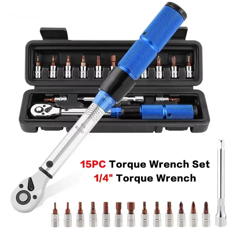 15Pcs Professional Maintenance Tool Adjustable Torque Ratchet Wrench 1/4-inch Dual-Direction Bicycle Hex Socket Preset Wrench