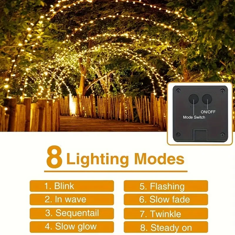 LED أضواء الجنية الشمسية في الهواء الطلق سلسلة أضواء الشمسية مقاوم للماء 8 طرق الأسلاك النحاسية أضواء وامضة لحديقة حفل زفاف ديكور