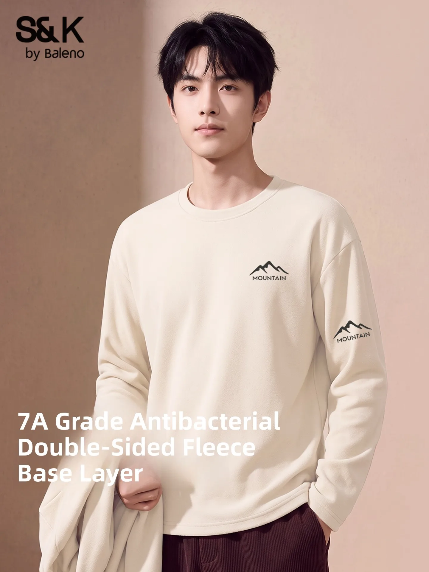 Baleno Men's Thermal Long Sleeve T-Shirt Double Faced Fleece Winter Warm Base Layer Shirt Standard Fit Geometric Print Crew Neck
